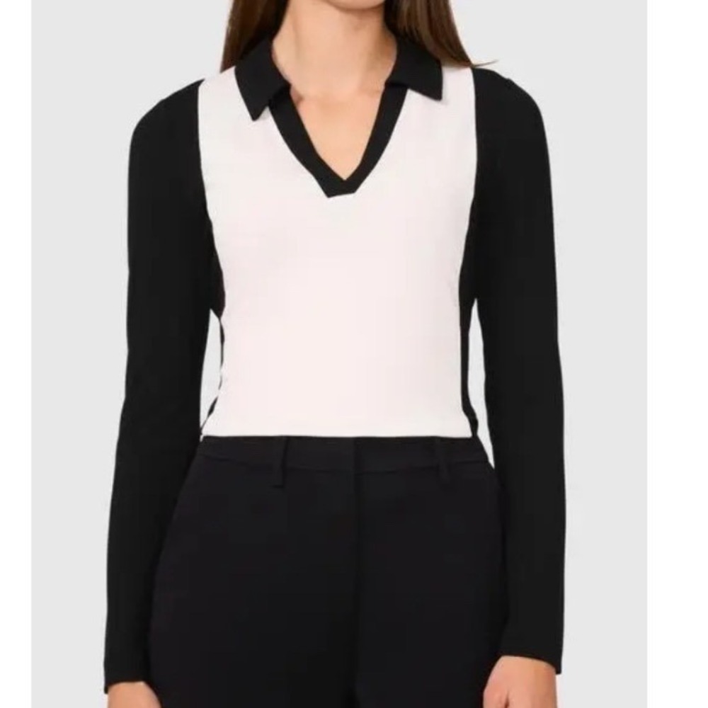 Halogen Colorblock Johnny Collar V-Neck Long Sleeve Top Black White Small